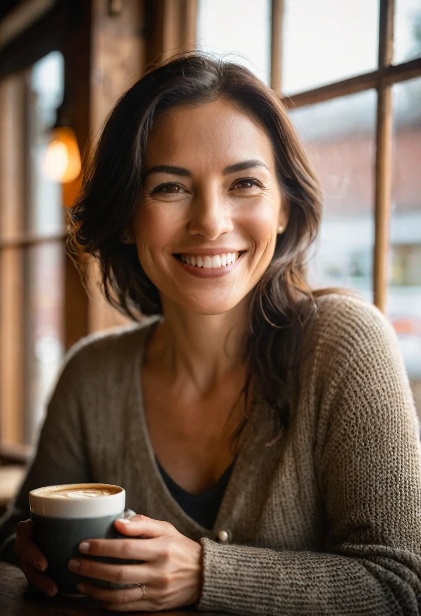 "A woman smiling while holding a cup of coffee, sitting by a window with soft morning light streaming in. The light highlights the steam rising from the cup and adds a gentle warmth to the scene. Her eyes reflect a quiet contentment, and the background shows a cozy café setting with rustic décor. Captured with a 24-70mm lens, f/2.8 aperture, ISO 200, creating a perfect blend of detail and ambient atmosphere."