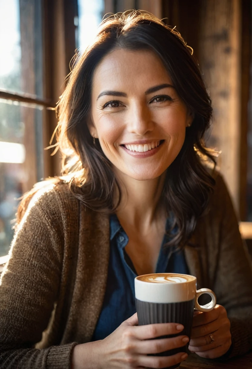 "A woman smiling while holding a cup of coffee, sitting by a window with soft morning light streaming in. The light highlights the steam rising from the cup and adds a gentle warmth to the scene. Her eyes reflect a quiet contentment, and the background shows a cozy café setting with rustic décor. Captured with a 24-70mm lens, f/2.8 aperture, ISO 200, creating a perfect blend of detail and ambient atmosphere."