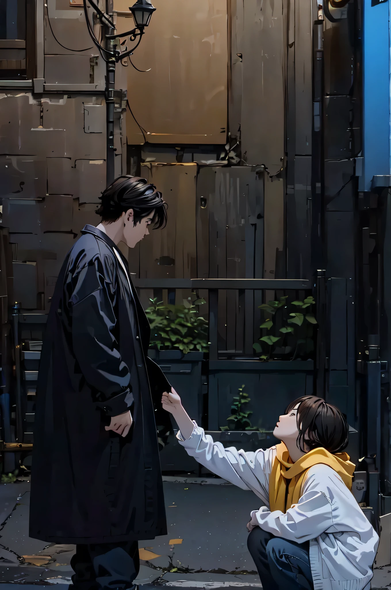midsummer night,The man is standing in the alleyway and the woman is sitting with her hand outstretched.., Highlight scenes from the movie, Dao City, on the city streets, still in the movies, screenshot from a movie, a scene from a movie, Still in live action movies, 실사 a scene from a movie, still in the movies, picture, still Filming in a movie, movie promotional image, Filming in a movie