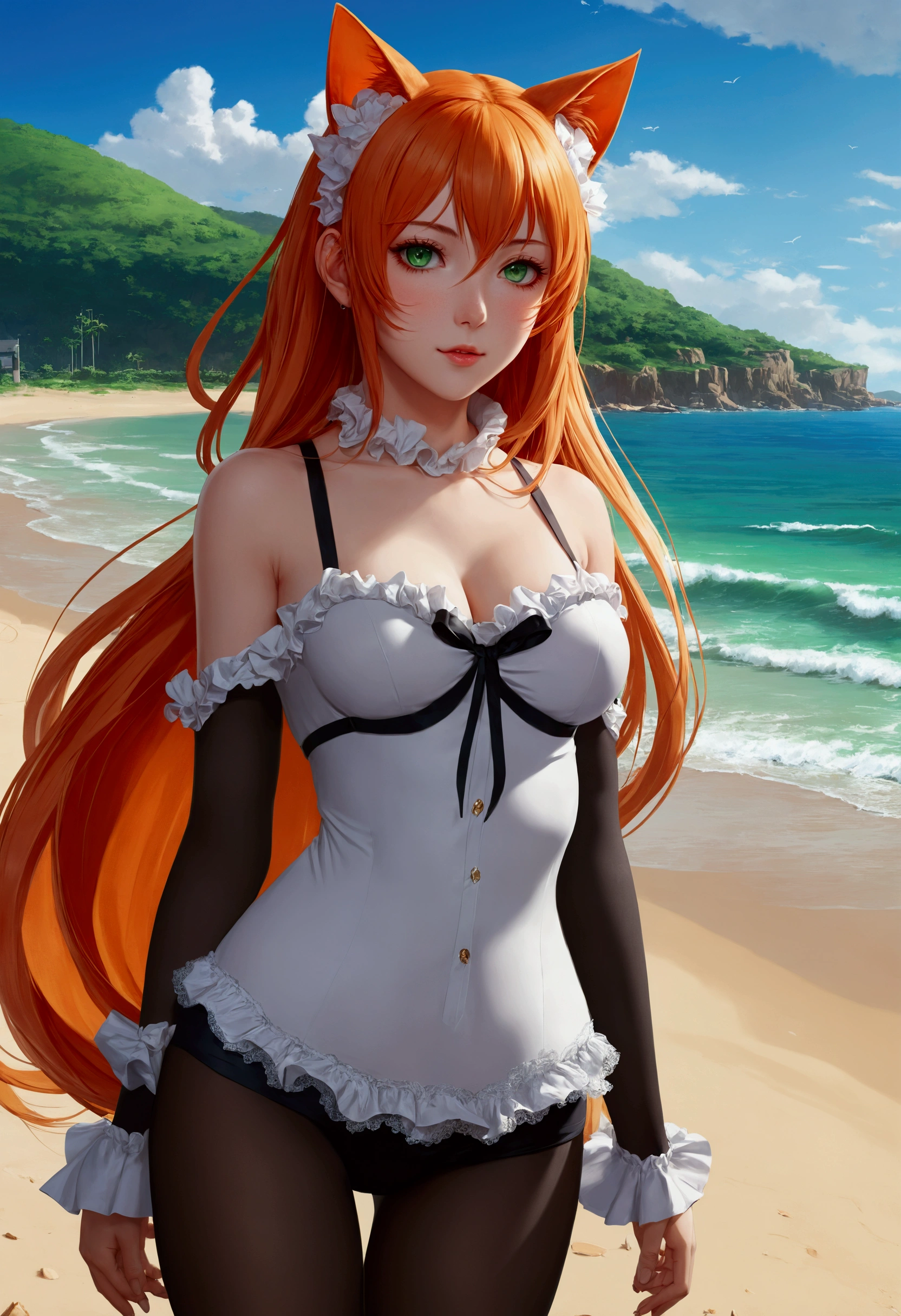 anime girl with long orange hair standing on beach near ocean, green eyes detailed digital anime art, cat ears, , anime girl with long hair, smooth anime cg art, anime girl with long hair, average breast size, digital anime art, artwork in the style of guweiz, beautiful anime portrait, photorealistic anime girl render, beautiful anime girl, advanced digital anime art, pantyhose, guweiz on artstation pixiv upscale HD UHD HQ
