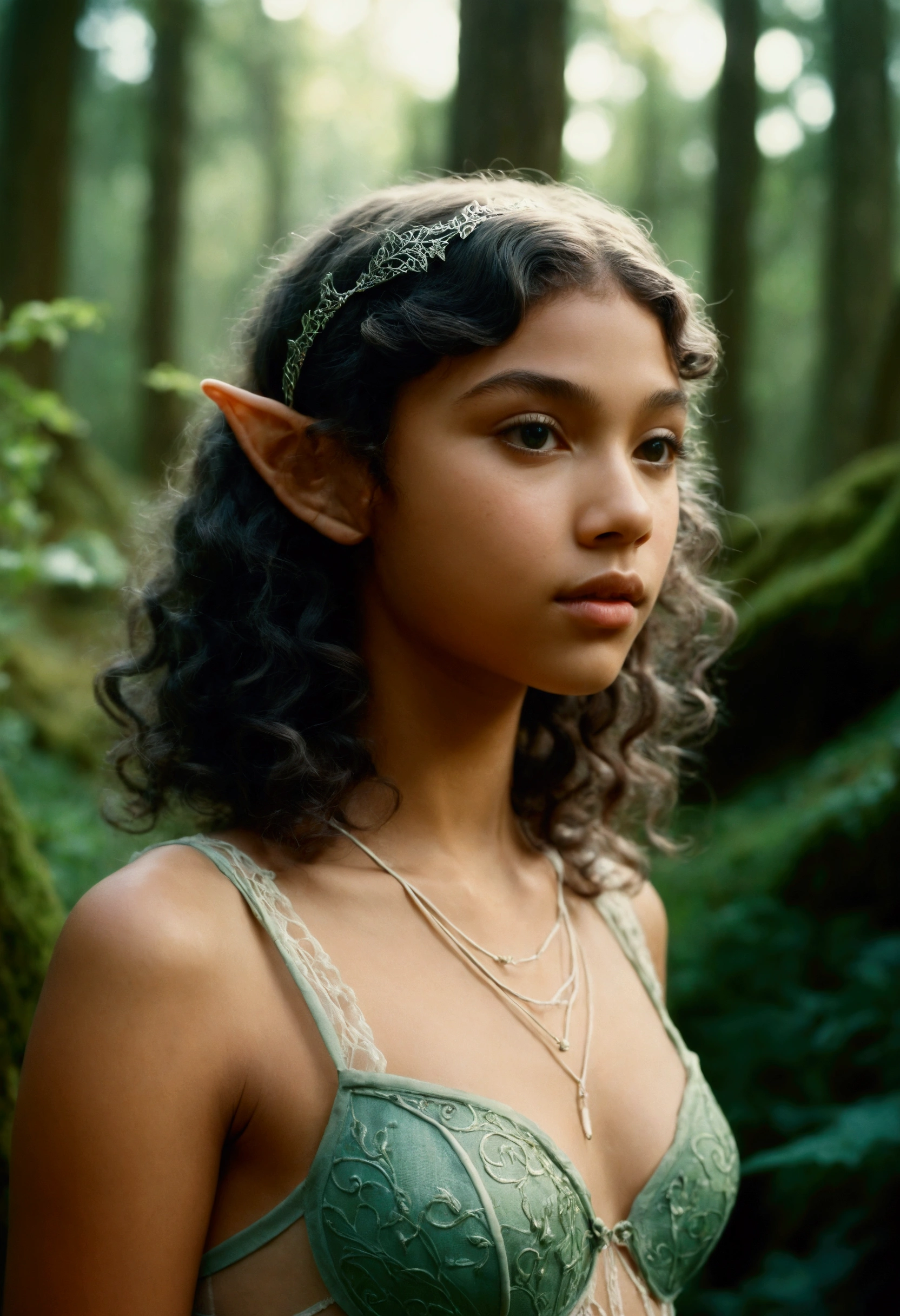 analog film photo, photo of a young elven girl, 18 years old, elf ears, curly bob cut, wearing mesh lingerie, resembles Zendaya, strolling along a fantasy landscape, RAW Photograph, dslr, soft lighting, high quality, film grain, Fujifilm XT3, detailed skin with visible pores, insane details, masterpiece, 8k, 35mm photograph, dslr, kodachrome, faded film, desaturated, grainy, vintage, Lomography, stained, highly detailed, found footage, close-up shot, elven ears
