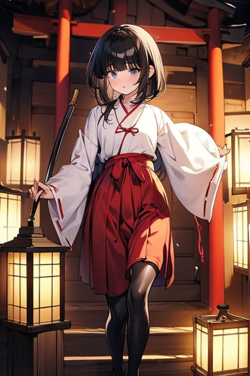 Highest quality, Very detailed,masterpiece,anime, Ultra-high resolution,If you look closely at the eyes, Best illustrations, A very condensed individual, (Very delicate and cute face)、Character portrait、Full body portrait、beautiful girl,Shrine maiden,Japanese、Black hair, medium length, reaching the shoulders,Green Eyes、Shrine maiden服、Tight Suit、black tights, Leather long boots、Standing with a wooden sword drawn、No background、Characters only、Red cheeks、Embarrassed expression、