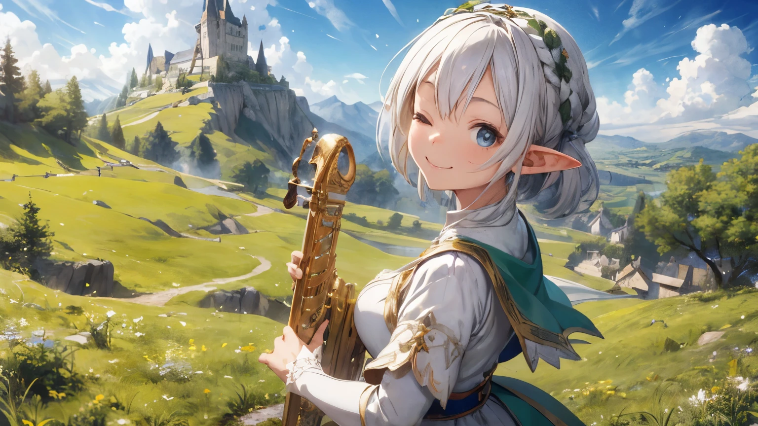 elf girl with white hair, wearing medieval dress, playing flute on top the hill srrounding by vast green field, happy face closed eyes.