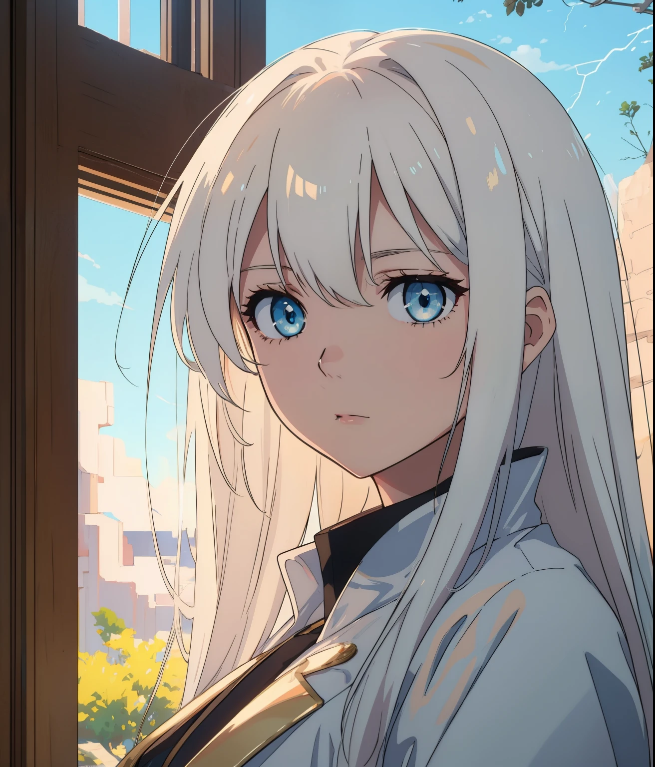 pure white hair, more messy hair, light blue eyes, female, solo, looking you, soft expression, masterpiece, best quality, cinematic scenario, natural lightning, golden hour