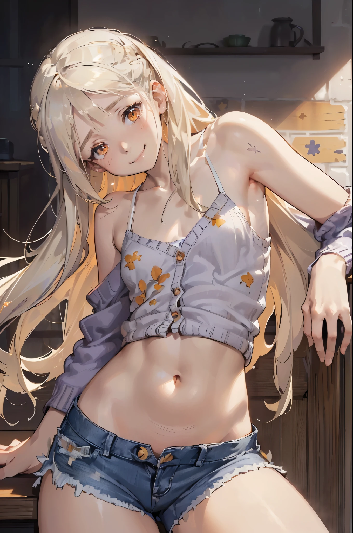 Photorealistic:1.5, Beautiful woman, hairstyle that bounces outward, (platinum blond hair:1.5), (platinum blond colored eyelash:1.5), (parted bangs:1.5), (amber color eyes:1.5), (sleepy face:1.5), blush:1.2, (tilt one's head:1.5), (hairpin:1.1), (masterpiece:1.3), (best quality:1.3), high-resolution, Head-on angle, Body facing forward, solo, beautiful detailed eyes, mid day, (((best quality, textile shading, ultra detailed))), extremely detailed CG unity 8k wallpaper, Highly Detailed beautiful and aesthetic, high resolution, detailed, dramatic lighting, 1Character, soft, gentle colors, (flat chest:1.5), (white camisole:1.5), (blue shorts:1.5), (Navel peeking out a little:1.2), (super long hem summer cardigan:1.5), (skinny:1.5), blur background, outdoor, sitting:1.2,
