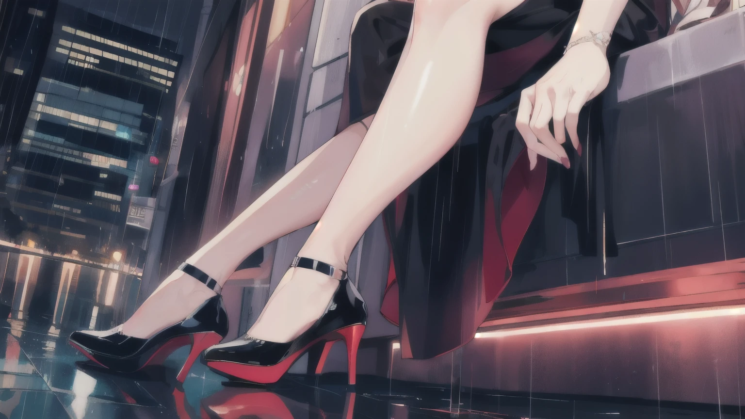 city at night, rain, feet with high heels