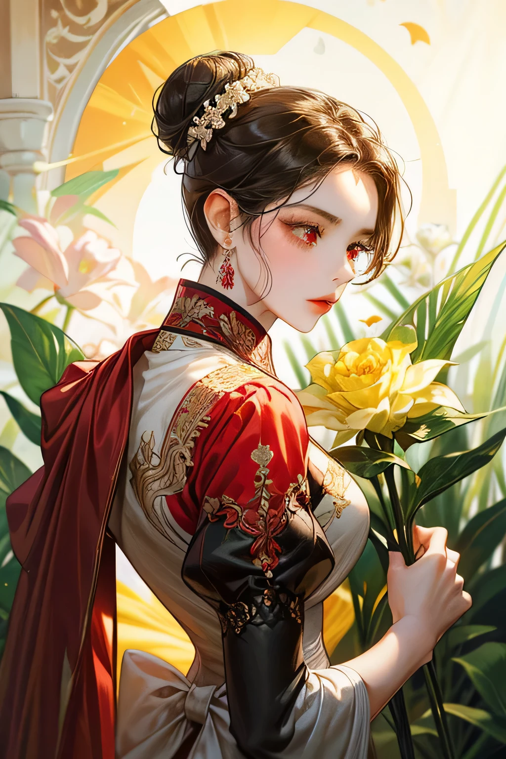 just 1woman, holding daffodil flower, surounded by red and white rose garden, a whole head super big black bun in her back hair, serious face, charming, red and white suit, red eyes, kebaya gown, javanese sinden style, detailed, accurate, 4K high Quality.