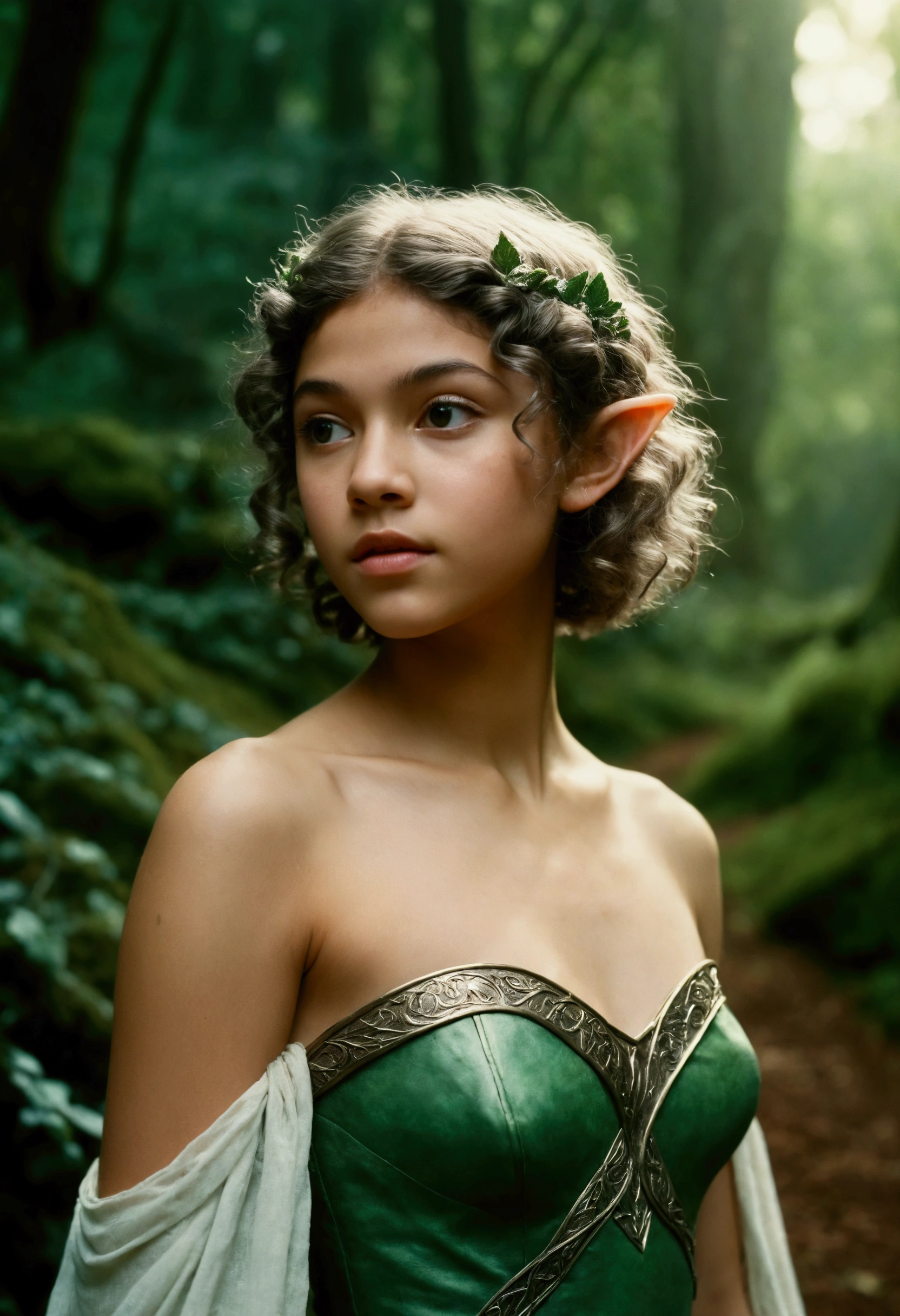 analog film photo, photo of a young elven girl, 18 years old, elf ears, curly bob cut, wearing a strapless elven dress, resembles Zendaya, strolling along a fantasy landscape, RAW Photograph, dslr, soft lighting, high quality, film grain, Fujifilm XT3, detailed skin with visible pores, insane details, masterpiece, 8k, 35mm photograph, dslr, kodachrome, faded film, desaturated, grainy, vintage, Lomography, stained, highly detailed, found footage, close-up shot, elven ears