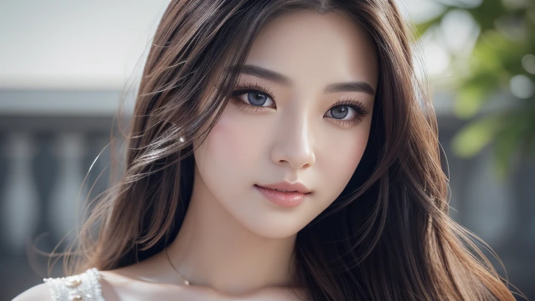 Please stop close-up on my face.、A girl with beautiful long hair is full of confidence々Standing at。A full body view is visible.。Please draw all the way down to the feet.。her gaze is captivating and inviting。It features the highest quality 4K、In 8K resolution、a masterpiece-like work、ultra-high detailed depiction。a very realistic and photorealistic expression、especially the eyes and face are drawn in extreme detail。Long eyelashes、Fine skin texture、Beautiful Lips、Elaborate jewelry、soft colors are used。