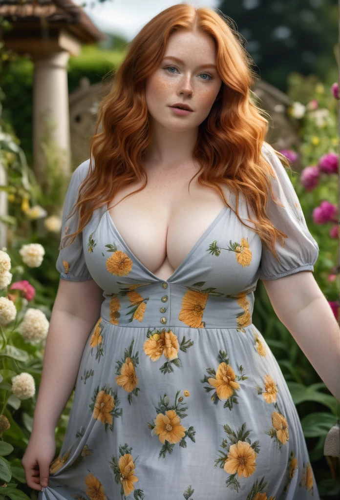 A gorgeous 25-year-old chubby redheaded woman with light freckles, wavy long ginger hair, pale skin, skin dentation, beautiful detailed grey eyes, big breasts, wide hips, a curvy body in an intricate pose, wearing a flowery linen dress with a deep cleavage, standing in a garden, (best quality,4k,8k,highres,masterpiece:1.2),ultra-detailed,(realistic,photorealistic,photo-realistic:1.37),HDR,UHD,studio lighting,ultra-fine painting,sharp focus,physically-based rendering,extreme detail description,professional,vivid colors,bokeh,artwork photography,photorealistic