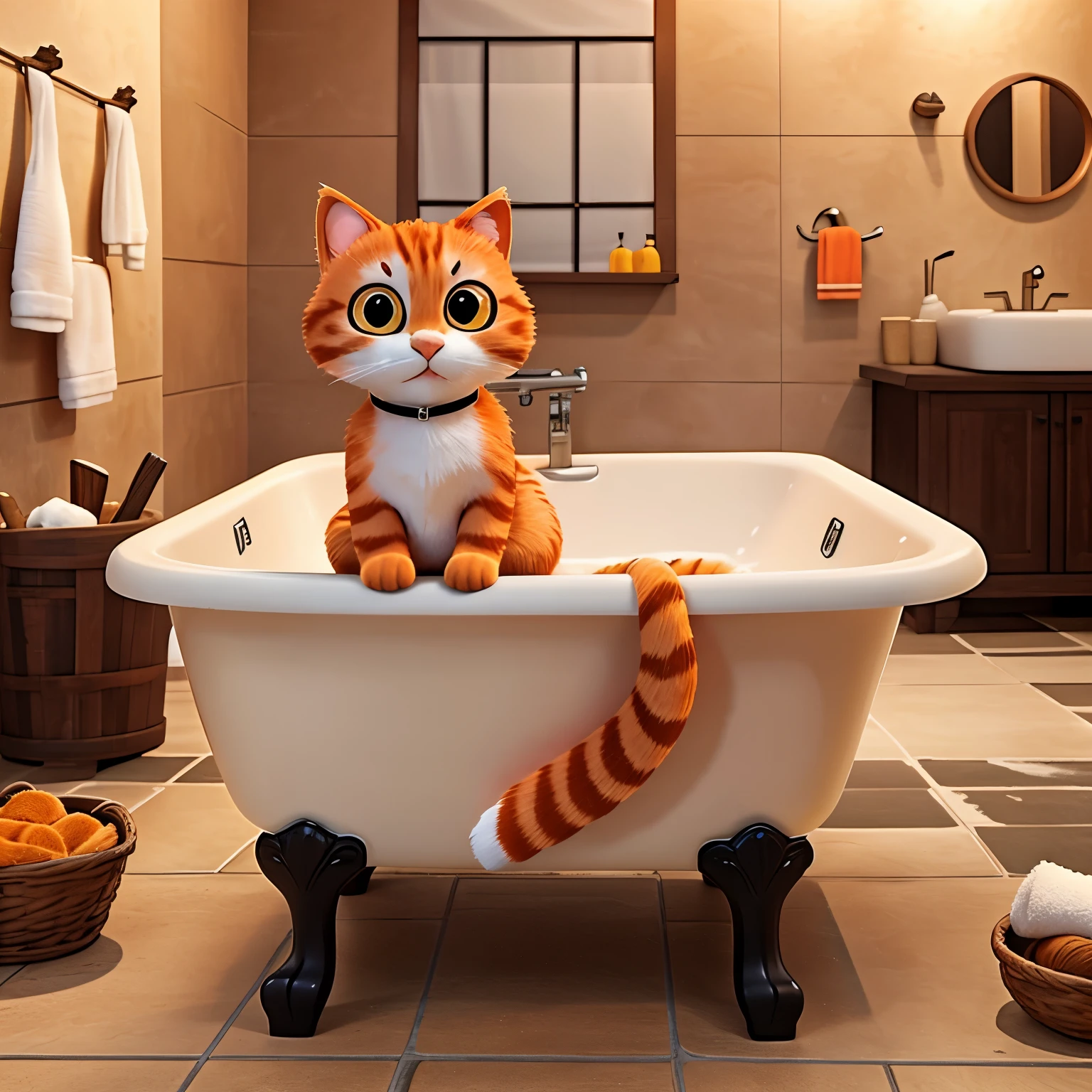 Orange cat sitting in a bathtub washing itself with a brush