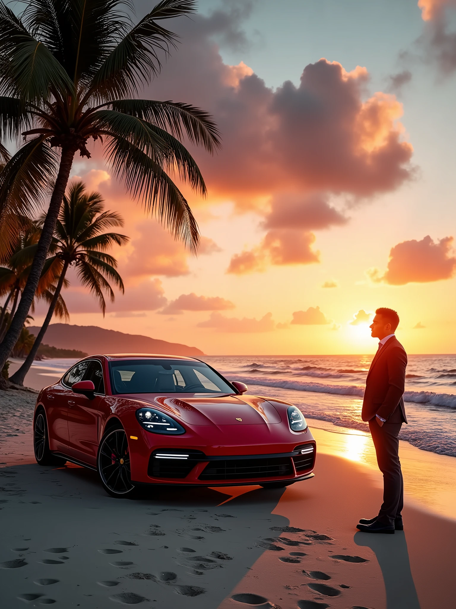  1.0 - Official Release"  Precision - SDXL LoRA"  Human Faces - SDXL LoRA" A sleek, Carmine Red Porsche Panamera Turbo S E-Hybrid is parked on a pristine beach, its metallic finish gleaming under the final rays of a magnificent sunset. The sun is just kissing the horizon, casting a golden and fiery orange glow across the calm ocean waters, where gentle waves lap against the shore. The beach is framed by towering palm trees swaying lightly in the warm breeze, their shadows stretching towards the car. The sky is an explosion of colors—fiery reds, deep purples, and soft pinks—reflected off the sleek curves of the Porsche, highlighting its luxurious design. The car’s 21-inch carbon fiber wheels glisten in the sunset, while the LED headlights emit a soft, ambient glow, adding a futuristic touch to the serene landscape. Through the open panoramic sunroof, the interior’s beige leather seats with Carmine Red stitching are faintly visible, perfectly complementing the natural beauty around it. In the distance, André, dressed in an elegant slim-fit charcoal gray suit, stands at the edge of the shore, gazing thoughtfully out at the endless ocean, with a light breeze catching the hem of his jacket. His stance is relaxed, one hand casually in his pocket, while the other loosely holds a pair of sunglasses. His expression is calm and contemplative, matching the tranquil, yet awe-inspiring, beauty of the scene around him. The camera captures the scene from a low angle, emphasizing both the grandeur of the car and the vastness of the sunset-lit beach. The wide-angle lens (24mm) captures every detail of the car and the vibrant sky, while an aperture of f/2.0 creates a soft bokeh effect, blurring the background just enough to keep focus on the car and André. The profundity of the landscape is accentuated by the shallow depth of field, with a slow panning camera movement that captures the transition from the car to André, and finally to the breathtaking sunset. A subtle warm filter is applied to enhance the golden tones of the sunset, giving the entire scene a dreamy, surreal quality.