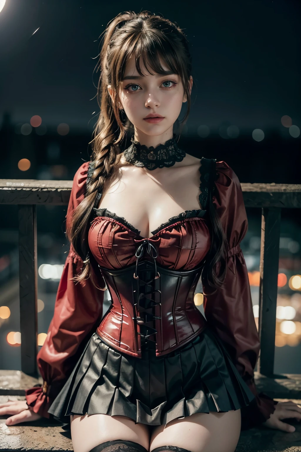 8K,((masterpiece)), ((best quality)), (ultra-detailed), High detail, professional photograph, highest quality, floating hair, beautiful detailed, (((realistic))), hyper realistic character,natural lighting ,beautiful detailed eyes,1girl, solo,blunt bangs, realistic, ((a girl with a large bust)), her blouse is about to burst from her large breasts, short ponytail, bangs, thick thighs, beautiful detailed eyes, beautiful detailed lips, extremely detailed eyes and face, long eyelashes, , ((red corset blouse)), ((red blouse)), (black pleated skirt), thigh-high socks, suspenders, photo-realistic, 8k, vivid colors, masterpiece, anime, cinematic lighting, soft focus, (at night:1.5)