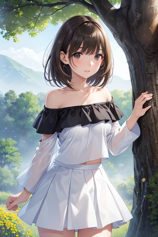 anegasaki nene、Shiny brown hair, short hair, (Beautiful brown eyes、Sparkling eyes, Fine grain)、smile、Ultra-detailed eyes、Very detailedな顔, Very detailedな目,



#Basic information
Girl posing for a photo, animeのかわいい, (((One Woman, , ))), 
break 

#Clothing Accessories 
((black off shoulder top:1.4), (White flared skirt:1.4), sneakers), 
(big silver necklace, Silver earrings), 
break 

#Features 
(Droopy eyes), (Small breasts), 
break 

#Performance 
(smile), 
#background environment 
((noon, sunlight + (Big tree on a hill + Hand on a tree) + Rural Scenery)), 
#composition 
(Engage your audience:1.4, Aggressive pose:1.4, whole body:1.4), 
break 

#Body parts elements 
(Beautiful Hair,Shiny Hair), 
(double eyelid, Long eyelashes), 
(Fine grainのPerformance, Beautiful and delicate eyes, Sparkling eyes, Eye Reflexes), 
(Human Ear), 
(Beautiful Nose, Thin Nose), 
(Glossy Lips, Beautiful Lips, Thick lips), (Symmetrical facial features), 
(Detailed skin, Textured skin, Beautiful Skin), 
break 

#quality 
(((最高quality)), ((masterpiece)), ((Very detailed))), ((High resolution), (16K,1080P)), 
(Realistic), (Anatomically correct), 
((comics, anime)), (3DCG), CG illustration,
