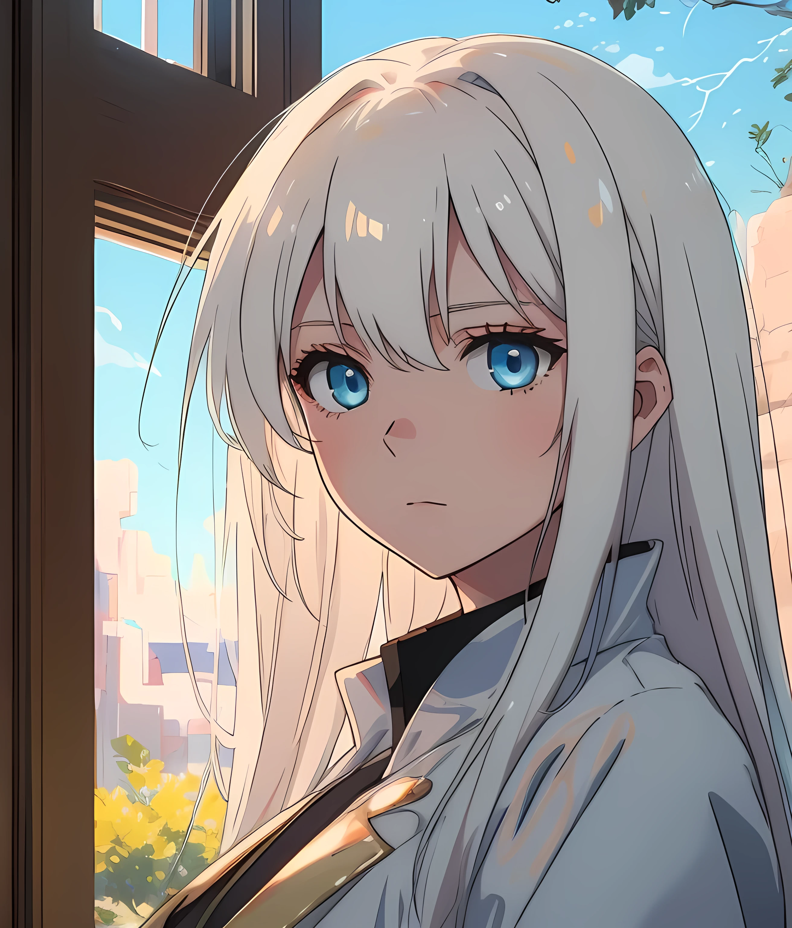 pure white hair, more messy hair, light blue eyes, female, solo, looking you, soft expression, masterpiece, best quality, cinematic scenario, natural lightning, golden hour