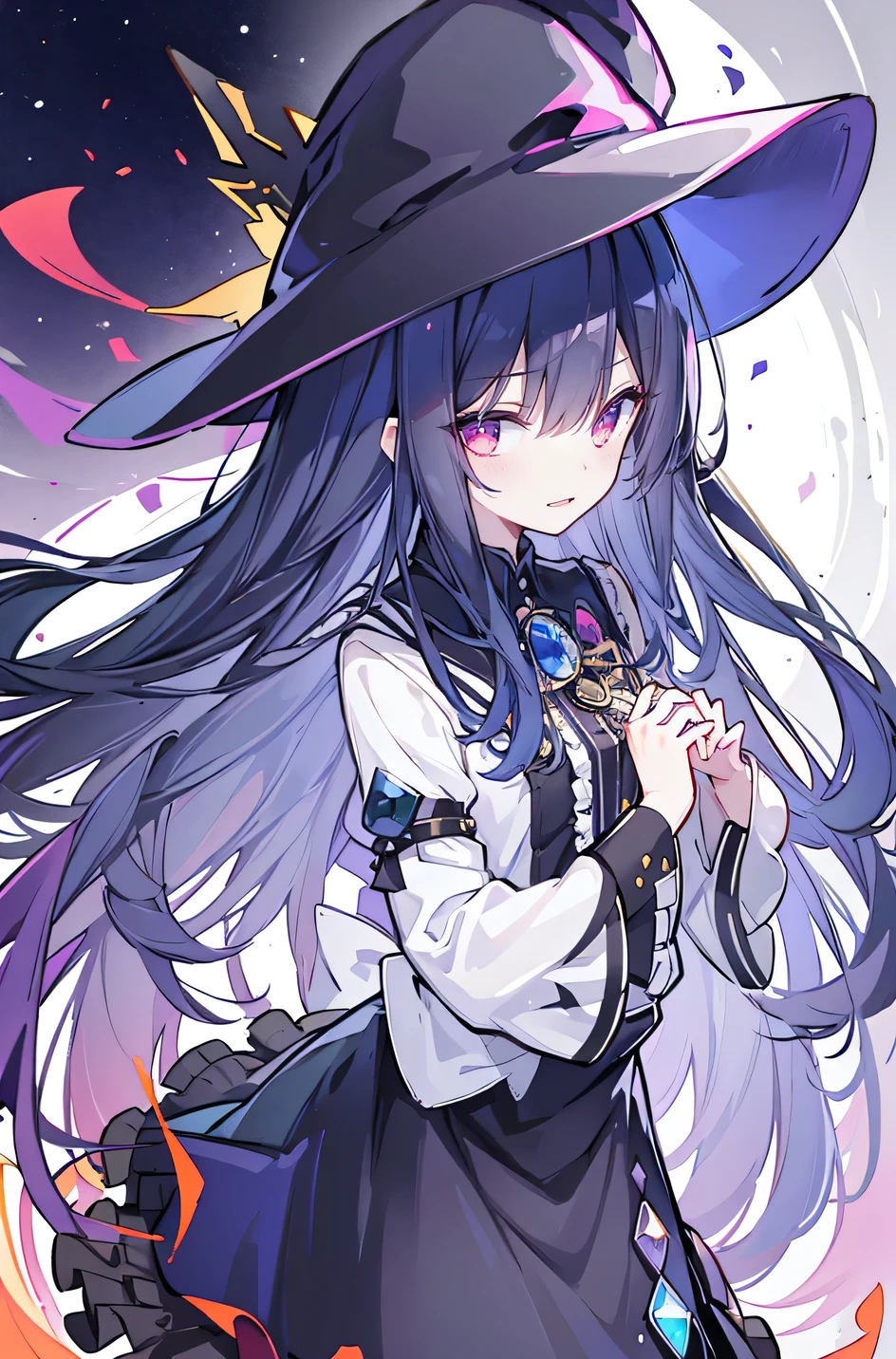 oung Girls,Humanity,A magician always smiles,big witch hat,cute,dark blue long hair,The eyes are dull,The bangs are heavy,Thin eyebrows,fantasy,intake,Double teeth,Star Theme,Constellation pattern,Solid color clothetal decoration,cloak,A bit of a dark atmosphere,A little crazy smile,When the big moon shines outside at night,blood,Hair black star embellishment,Short tie,No nails,High waist skirt,Bell sleeves,Long-sleeved shirt,Black tie,low risk,gentlemen。Mist、Yellow and white effect,Shocking pink as an accent color