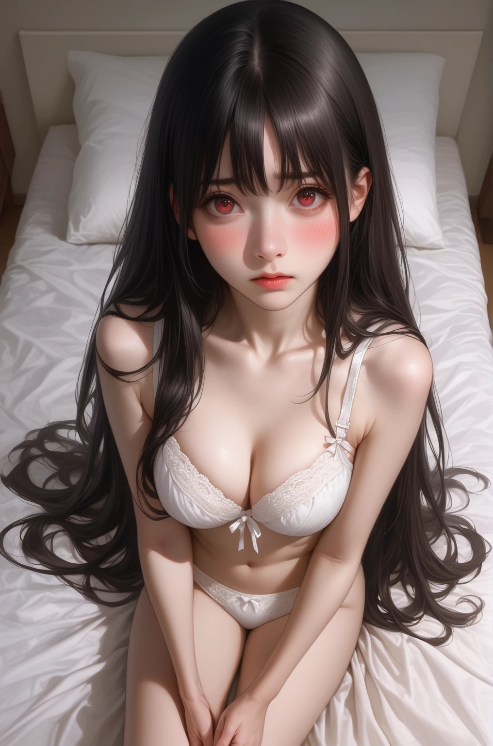anime girl with long black hair sitting on bed, seductive anime girl, long hair, anime visual of a cute girl, beautiful alluring anime , anime best girl,black hair, anime girl with long hair、White bra、White panties with a ribbon、White and black striped ribbon tied in her hair、masterpiece、Detailed Description、Red Eyes、Embarrassed expression、Description from a bird's-eye view