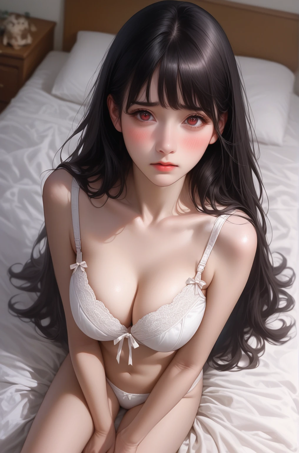 anime girl with long black hair sitting on bed, seductive anime girl, long hair, anime visual of a cute girl, beautiful alluring anime teen, anime best girl,black hair, anime girl with long hair、White bra、White panties with a ribbon、White and black striped ribbon tied in her hair、masterpiece、Detailed Description、Red Eyes、Embarrassed expression、Description from a bird's-eye view