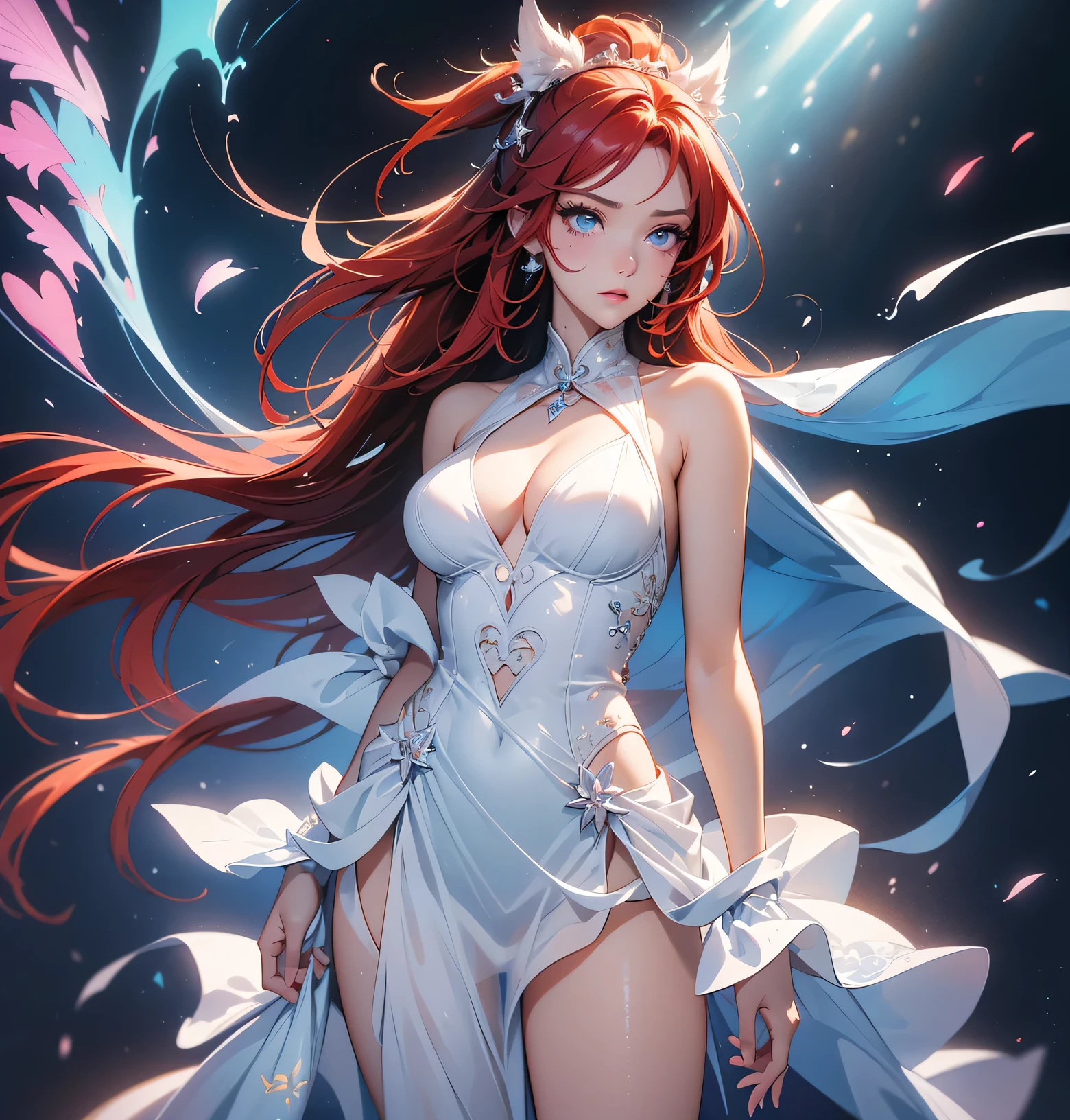 (best quality,high resolution:1.2),Extremely detailed,Practical,photoPractical:1.37,A beautiful girl (Yoruichi Shihouin - Bleach) Fantasy style model,18 years old,Long legs,Medium breasts,Extremely detailed face (Emphasize blue eyes),Her Red hair fell on her shoulders,She is wearing sexy white clothes，Showing off her slim and sexy figure,Bend down, More sensual poses,illustration,Colorful pop art style,Dynamic Lighting,Neon Colors.National Foundation，Beautiful fantasy girl, Fantasy art style, Popular on cgstation, Beautiful and elegant queen, beautiful girl, Radiant Skin, Complex and gorgeous anime CGI style, ((Beautiful fantasy black and white queen)), Beautiful and charming real women, Radiant Skin, Red hair, White clothes，