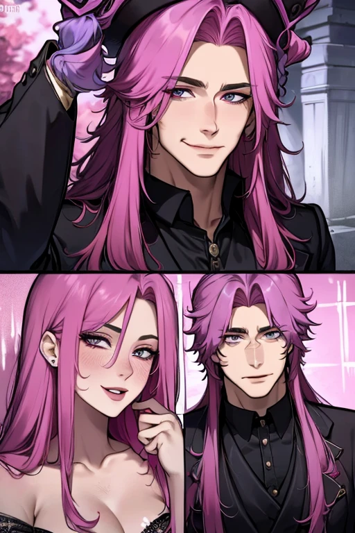 Perfect face. Perfect hands. A pink haired man with violet eyes and long hair is spinning a scythe in a cemetery in a fancy suit with a big smile