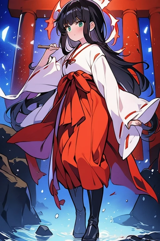Highest quality, Very detailed,masterpiece,anime, Ultra-high resolution,If you look closely at the eyes, Best illustrations, A very condensed individual, (Very delicate and cute face)、Character portrait、Full body portrait、beautiful girl,Shrine maiden,Japanese、Black hair, medium length, reaching the shoulders,Green Eyes、Shrine maiden服、black tights, Leather long boots、Standing with a wooden sword drawn、No background、Characters only、Red cheeks、Embarrassed expression、