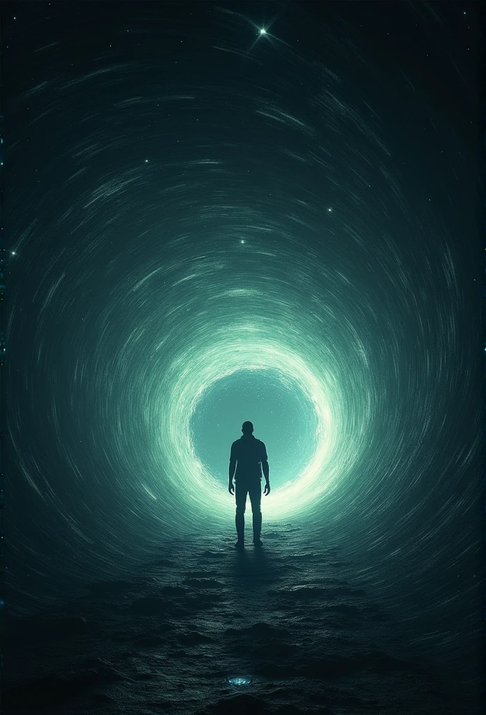A creepy image of a person standing in a dark tunnel、Stars in the background, Surreal painting inspired by Beksinski, tumbler, Surrealism, Standing in a large vortex, Interstellar Infinite Portal, A majestic interstellar portal, A glowing black hole entrance, Rising from the void, Being sucked into the black hole