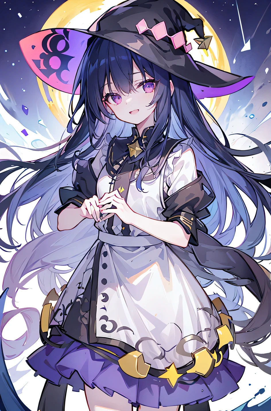 oung Girls,Humanity,A magician always smiles,big witch hat,cute,dark blue long hair,The eyes are dull,The bangs are heavy,Thin eyebrows,fantasy,intake,Double teeth,Star Theme,Constellation pattern,Solid color clothetal decoration,cloak,A bit of a dark atmosphere,A little crazy smile,When the big moon shines outside at night,blood,Hair black star embellishment,Short tie,No nails,High waist skirt,Bell sleeves,Long-sleeved shirt,Black tie,low risk,gentlemen。Mist、Yellow and white effect，Shocking pink as an accent color