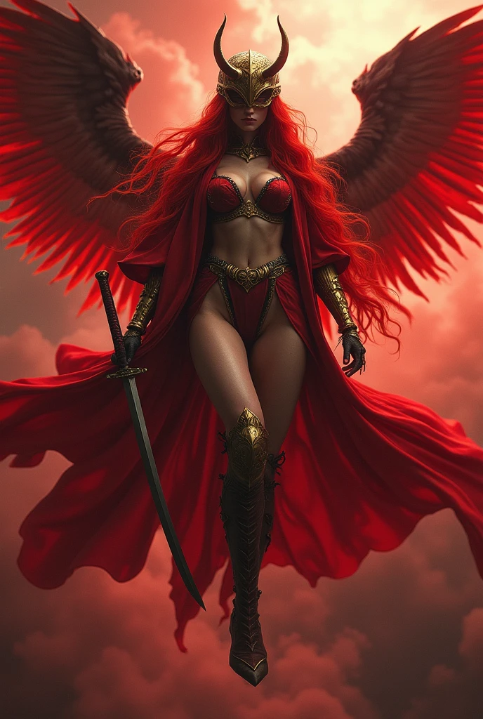 (masterpiece, 8k, 4k, extremely detailed, dynamic shading, best quality, absurdres:1.1) nice hands, perfect hands, sexy, mature, milf, 1girl,(large breasts, Thick thighs, curvy hips:1.3)malenia blade of miquella, very long red hair, helmet over eyes, red coat, gold arm, flowing robes, sandals, holding long katana, gold greaves, wings, floating in the sky with wings spread, rotting skin, scarlet rot, poisonous red clouds