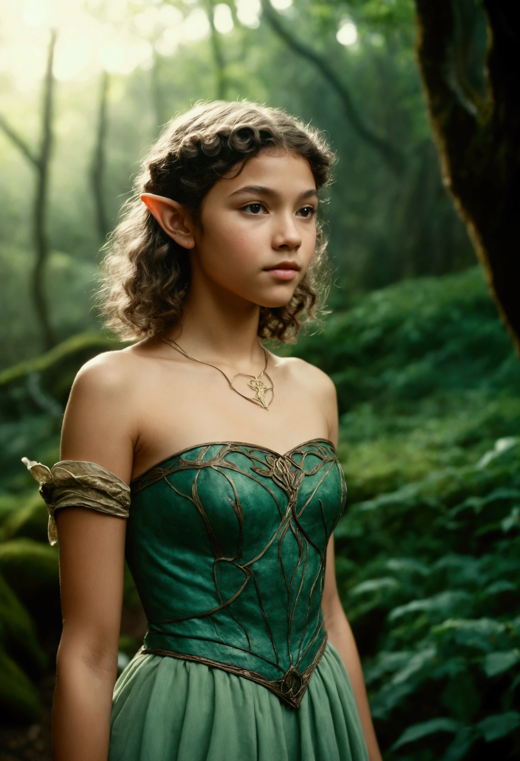 analog film photo, photo of a young elven girl, 18 years old, elf ears, curly bob cut, wearing a strapless elven dress, resembles Zendaya, strolling along a fantasy landscape, RAW Photograph, dslr, soft lighting, high quality, film grain, Fujifilm XT3, detailed skin with visible pores, insane details, masterpiece, 8k, 35mm photograph, dslr, kodachrome, faded film, desaturated, grainy, vintage, Lomography, stained, highly detailed, found footage, close-up shot, elven ears