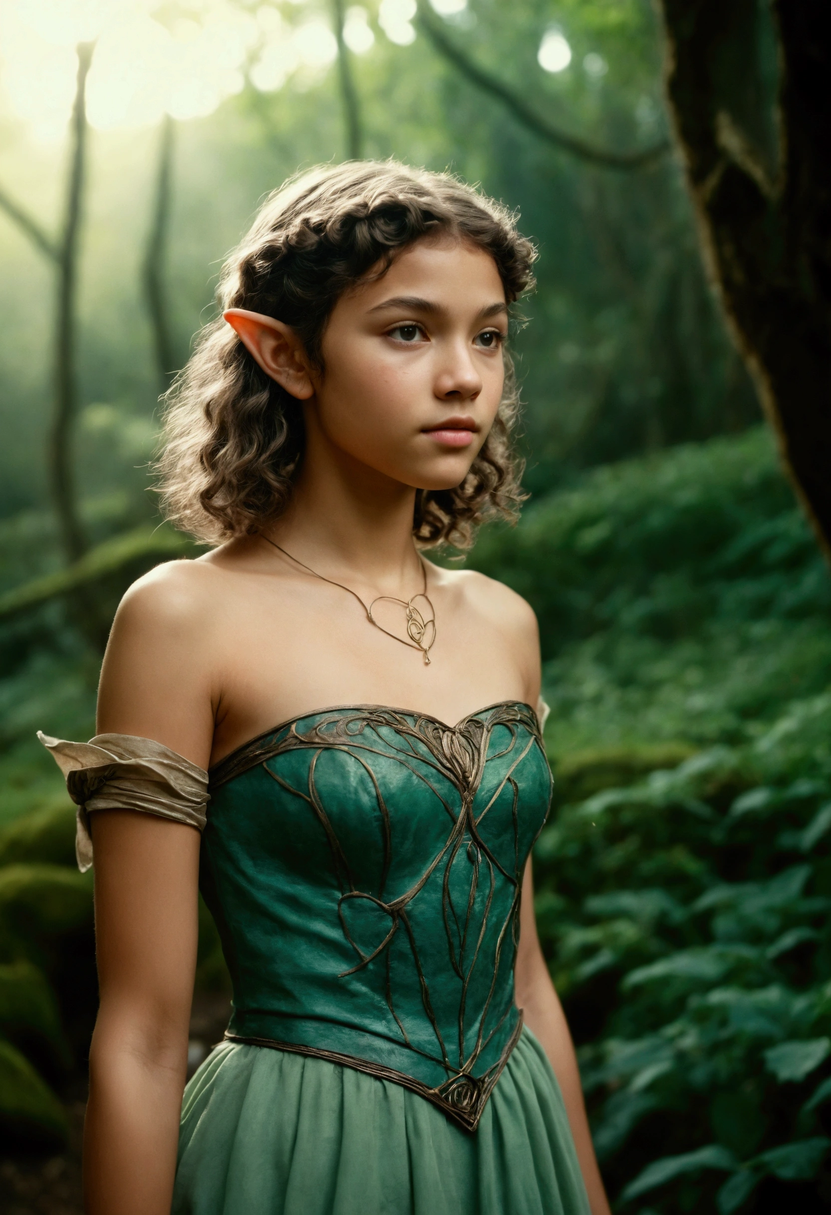 analog film photo, photo of a young elven girl, 18 years old, elf ears, curly bob cut, wearing a strapless  elven dress, resembles Zendaya, strolling along a fantasy landscape, RAW Photograph, dslr, soft lighting, high quality, film grain, Fujifilm XT3, detailed skin with visible pores, insane details, masterpiece, 8k, 35mm photograph, dslr, kodachrome, faded film, desaturated, grainy, vintage, Lomography, stained, highly detailed, found footage, close-up shot, elven ears