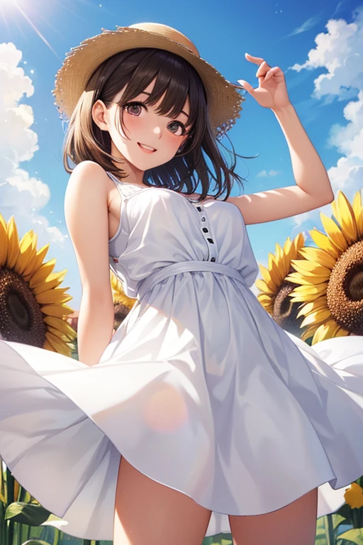 very cute and beautiful girl,frilled white summer dress with detailed lace,(highly detailed beautiful face),
standing in middle of sunflower field,beautiful summer sky,(smile),black hair,mid shot,stylish pose,detailed legs,
(best quality,masterpiece:1.0),absurdres,highres,ultra-detailed,extremely detailed,32k,8k resolution,
intricate details,cinematic scene,detailed background,solo,dynamic angle,
solo,hair fluttering in the wind,