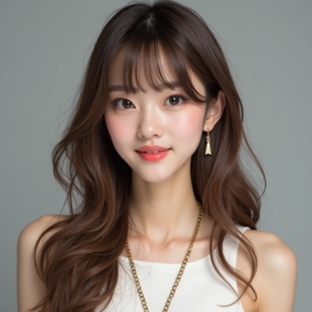 Charming young half-woman、Semi-long hair、Glossy hair、Thready hair、Body is facing diagonally, looking at the camera、Olive brown hair color、White sleeveless blouse、Simple earrings and necklace、No bangs、Forehead Baring、Strong face、Half face、Eyes that tend to be dark、Distinct facial features、Defined nose bridge、No bangs、No rolling、Pretty face、Cool Beauty、Straight Hair