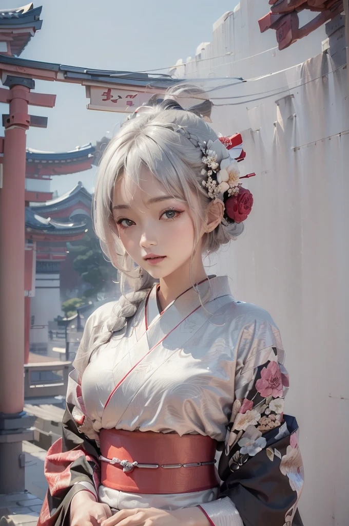 ((masterpiece:1.5,Highest quality,Beautiful images、Abstract、artistic、)(One person, solo)(Medium chest, Silver Hair、Long Hair、kimono, japanese cloth,Flower pattern kimono、Black and red kimono, Red haori)(Profile portrait,Look at me sideways、Look at an angle、shake your head、Sad look, Floating Hair)(Gray background)((from the front:1.3)).face, style, japanese cloth, kimono