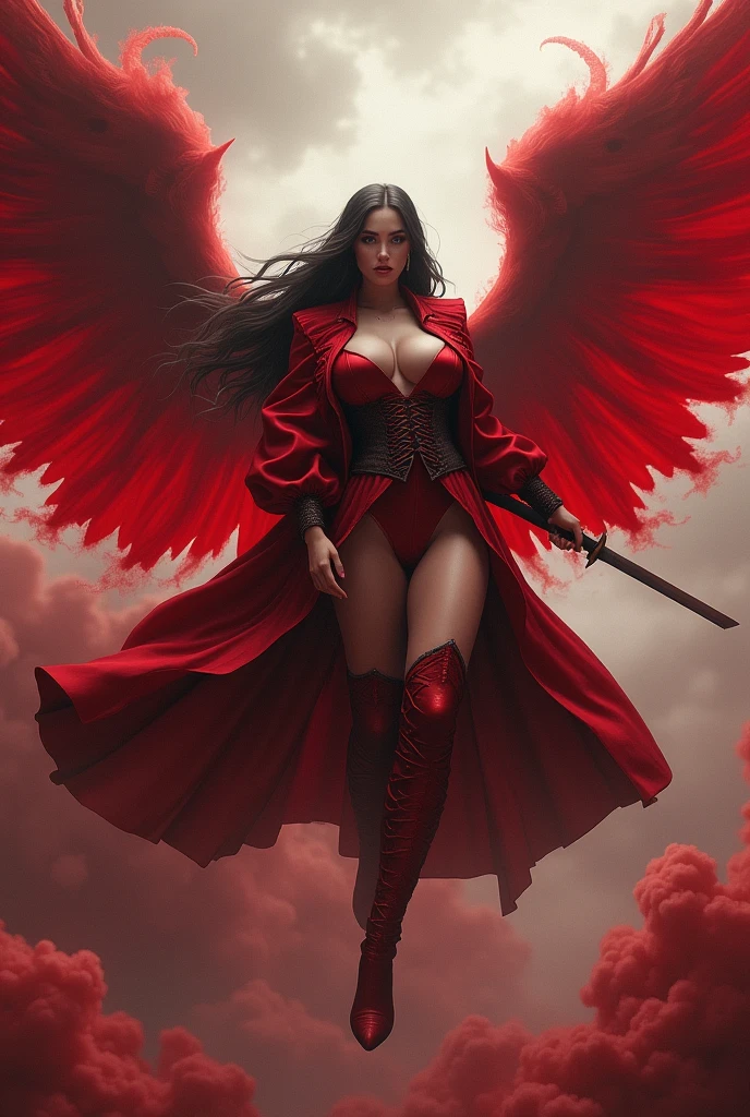 (masterpiece, 8k, 4k, extremely detailed, dynamic shading, best quality, absurdres:1.1) nice hands, perfect hands, sexy, mature, milf, 1girl,(large breasts, Thick thighs, curvy hips:1.3)malenia blade of miquella, very long red hair, helmet over eyes, red coat, gold arm, flowing robes, sandals, holding long katana, gold greaves, wings, floating in the sky with wings spread, rotting skin, scarlet rot, poisonous red clouds