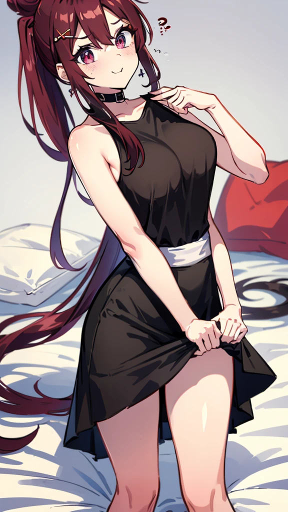 High tail hairstyle, two Ponytail hairstyle, Ponytail hairstyle, Long wavy black hair, standing posing, anime girl style, pixel art anime style,penetrating look with deep eyes,red and purple eyes, hair with a ponytail hairstyle trapped with a big red bun, women, red hair clips, x color shaped hair clips , smiling face blush, next to his bed, Skirt, tank top, Black hair, big thighs, NSFW, Skirt fluttering in the wind, perfect panty, from below, viento levantando su Skirt haciendo que se le vea el panty, hands in fist , Skirt fluttering in the wind, Skirt levantada, black fur, black hair, black hair