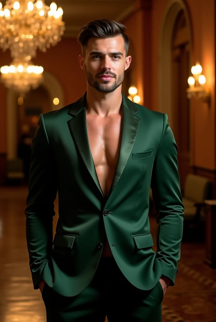 Sexiest hunk in dark green tuxedo with open buttons showing his smooth chest and abs, full photo with handsome face