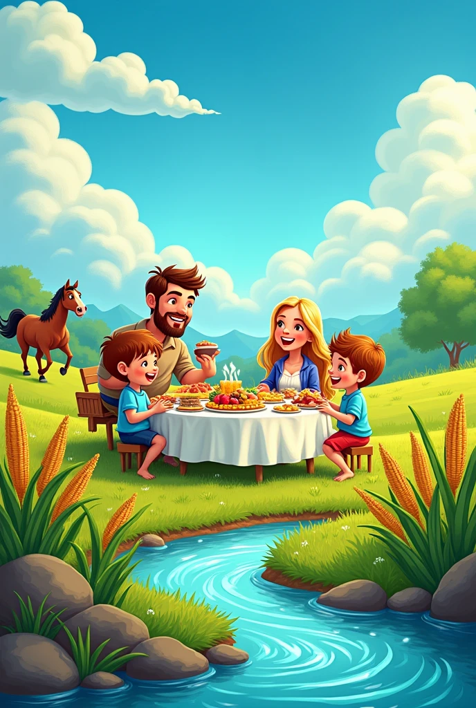 Create a vibrant and expressive cartoon-style image inspired by the poem "Serenity Holidays". The scene should show a lush and verdant field with a clear and radiant blue sky. At the center, highlight a family gathered in a small outdoor party, with decorated tables and typical food dishes. to the left, a horse happily trotting, and to the right, a child bathing in a sparkling river. Include harvest elements, like corn being harvested. Use vivid colors and sharp outlines to capture the essence of peace and joy of the poem. Charming details, like wide smiles and a serene atmosphere, must highlight the feeling of tranquility and renewal.