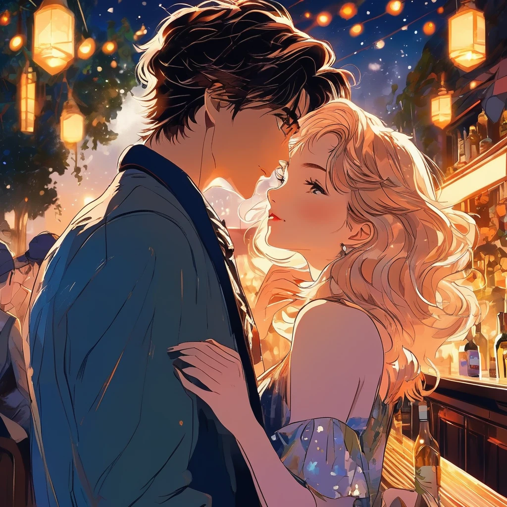 A masterpiece, boldly drawn anime style illustrations, detailed drawings, midsummer nights, crazy fun, cinematic lighting, a nice bar. An artistic young man is trying to woo a fashionable and stylish woman.