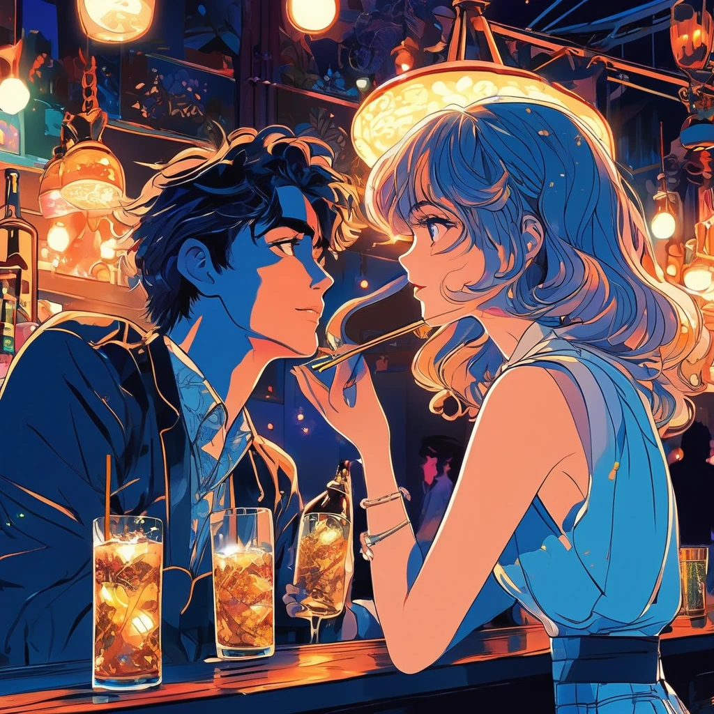 A masterpiece, boldly drawn anime style illustrations, detailed drawings, midsummer nights, crazy fun, cinematic lighting, a nice bar. An artistic young man is trying to woo a fashionable and stylish woman.
