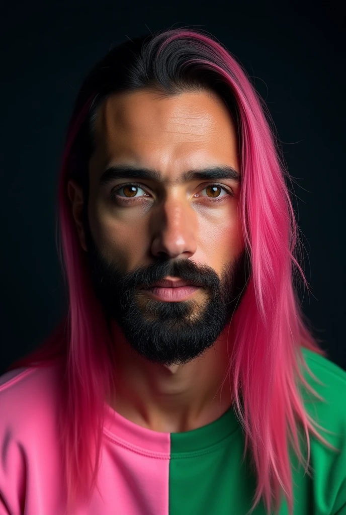 intricate detailed portrait of a man with a beard and brown eyes, wearing a pink and green sweatshirt, with long straight hair half pink and half black, dark dramatic lighting, highly detailed, cinematic, photorealistic, 8k, intricate, sharp focus