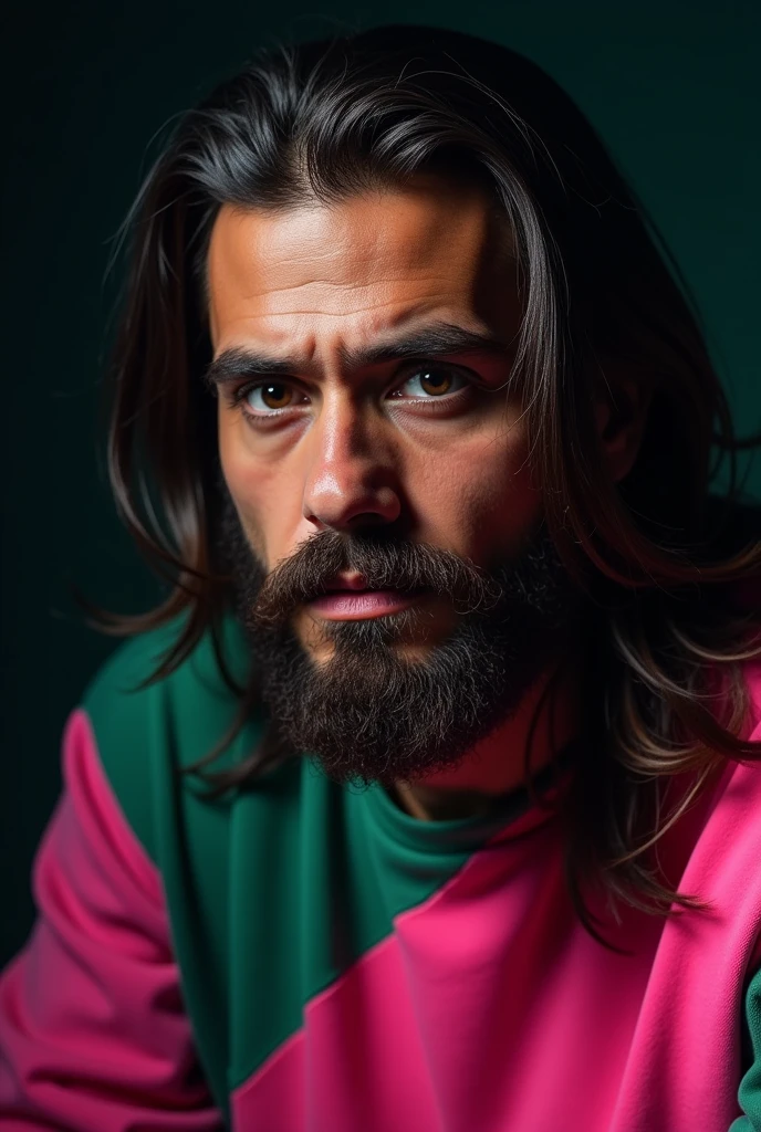 intricate detailed portrait of a man with a beard and brown eyes, wearing a pink and green sweatshirt, with long straight hair half pink and half black, dark dramatic lighting, highly detailed, cinematic, photorealistic, 8k, intricate, sharp focus