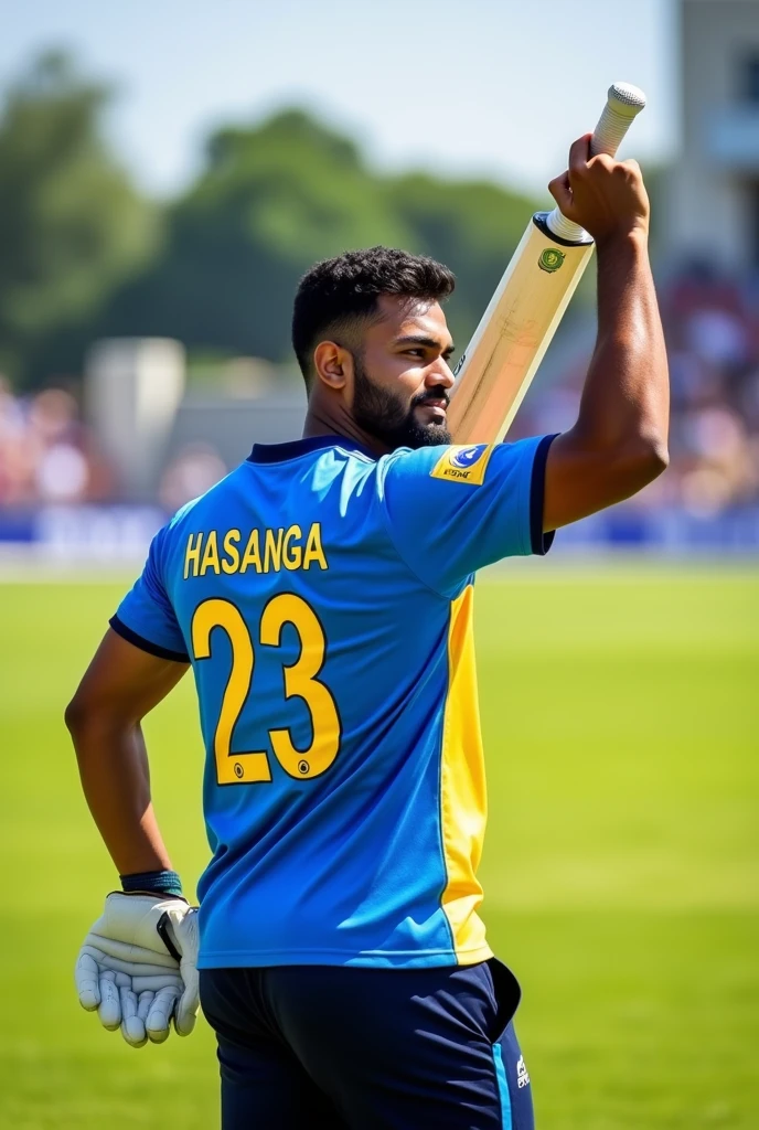 25 years cricket player
wearing a blue and yellow tshirt . The t shirt back side number is 23. T shirt back side name is hasanga. The soft ball cricket bat is in his one hand . that hand is up