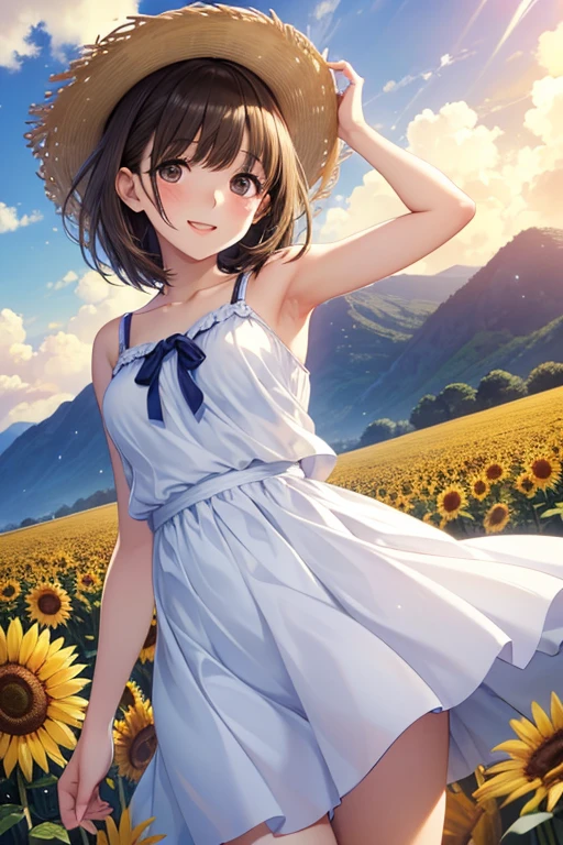 anegasaki nene、Shiny brown hair, short hair, (Beautiful brown eyes、Sparkling eyes, Fine grain)、smile、Super detailedな目、Highly detailed face, Highly detailed eyes,
(masterpiece, High resolution, Highest quality, Super detailed, Detailed Background, Cinema Lighting:1.2), (Beautifully detailed face, Fine grain), Sunflower field, summer, sunlight, One Woman, Glossy Lips, Medium chest, Happy, Laughter, White Dress, Sundress, Sun straw hat, View your viewers, From below, Are standing, Spread your legs, Put your arms behind your back, Tilt, Tilt forward, Wind