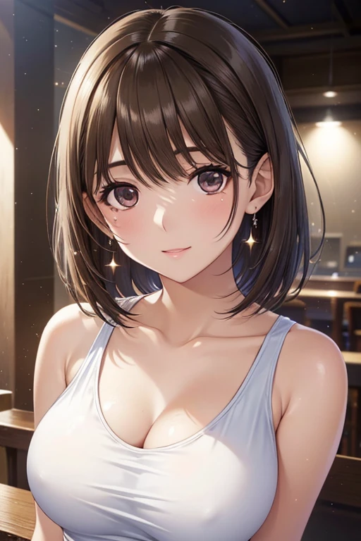 anegasaki nene、Shiny brown hair, short hair, (Beautiful brown eyes、Sparkling eyes, Fine grain)、smile、Super detailedな目、Highly detailed face, Highly detailed eyes,


(masterpiece, High resolution, Highest quality, Super detailed, Detailed Background, Cinema Lighting:1.2), (Beautifully detailed face, Fine grain), (Highest quality, High resolution, Realistic), Portraiture, Elegant mature woman, , See-through tank top, chest, Ultra-fine CG 8K, Beautiful CG, Soft Light