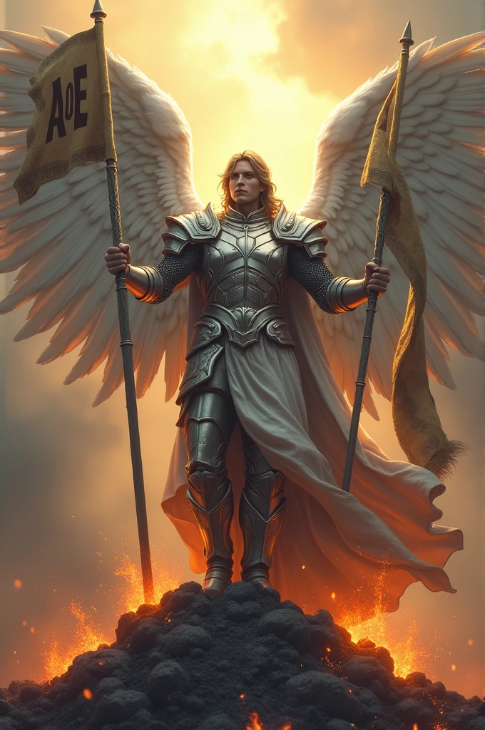 ((best quality)), ((masterpiece)), (detailed), perfect face. Create an epic piece of art featuring an angel of justice in silver armor, embodying the essence of a god of war and victory. He stands gracefully with two waving flags in his hands that reads "AoE" and a burned "SH". There are smoking piles of ash all around him. From the top left you can see a ray of sun touching the waving flag.