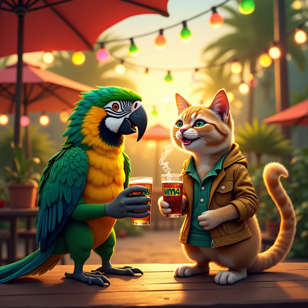 A Brazilian parrot in humanoid form next to a cat also in humanoid form, The two hold a beer in each of their hands and the cat smokes a cigarette, The cigarette smoke forms a writing "WM4" visivel