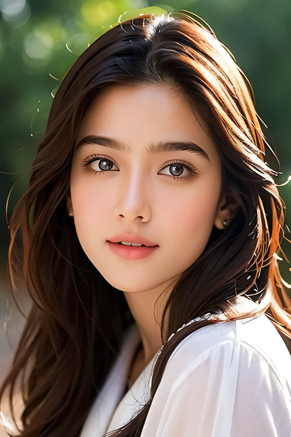 A stunning Indian girl, 18 years old, poses waist-up in an ultra-realistic digital art piece by Razumov and Volegov. She gazes off-camera with a soft, natural light illuminating her rosy cheeks and v-shaped face. Her smooth skin is adorned with long, ginger hair styled in a bang, framing her detailed features. The focus is on her fantastic face, showcasing her bright smile and sparkling eyes. The background is a subtle watercolor blend, reminiscent of Cameron Gray's art style. The image is rendered at 8k resolution, blending the boundaries between digital and traditional mediums.