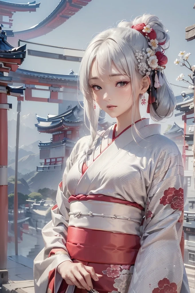 ((masterpiece:1.5,Highest quality,Beautiful images、Abstract、artistic、)(One person, solo)(Medium chest, Silver Hair、Long Hair、kimono, japanese cloth,Flower pattern kimono、Black and red kimono, Red haori)(Profile portrait,Look at me sideways、Look at an angle、shake your head、Sad look, Floating Hair)(Gray background)((from the front:1.3)).face, style, japanese cloth, kimono