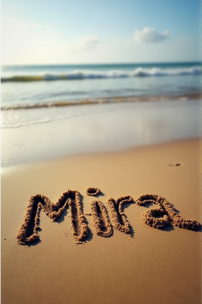 Sand at the beach with a name Mira written by fingers, make sure that it’s like a picture you take with an iphone i mean more natural