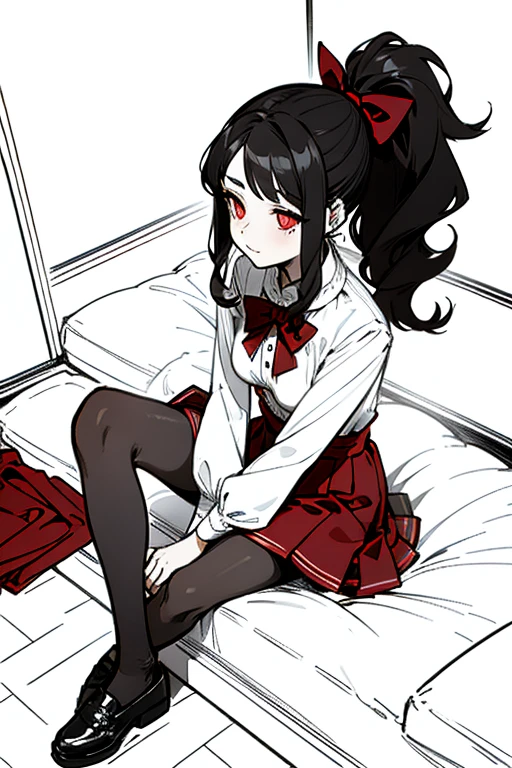 using pantimedies, wavy black hair, piercing look with deep red eyes, average stature, Silky hair with a ponytail hairstyle collected with a red bow with two white lines, with clothes, has a vagina, has breasts, cup of breasts, small breasts, slim, foreground, Session, sitting in her room, sitting on the floor of her room, wearing pantyhose, using pantimedies, Picardias, short skirt, shoes, blouse with straps